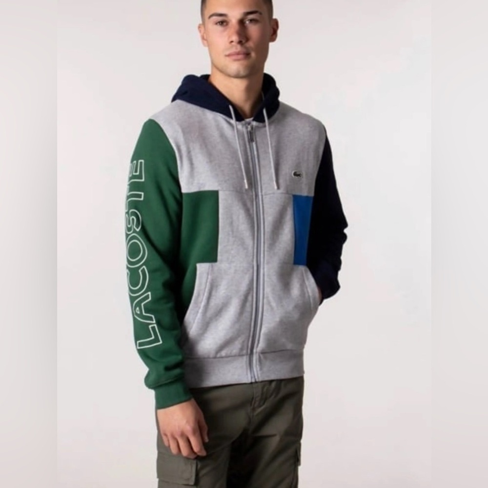 Lacoste Men’s Color-block Zippered Fleece Hoodie Sweatshirt size 4XL Green Blue